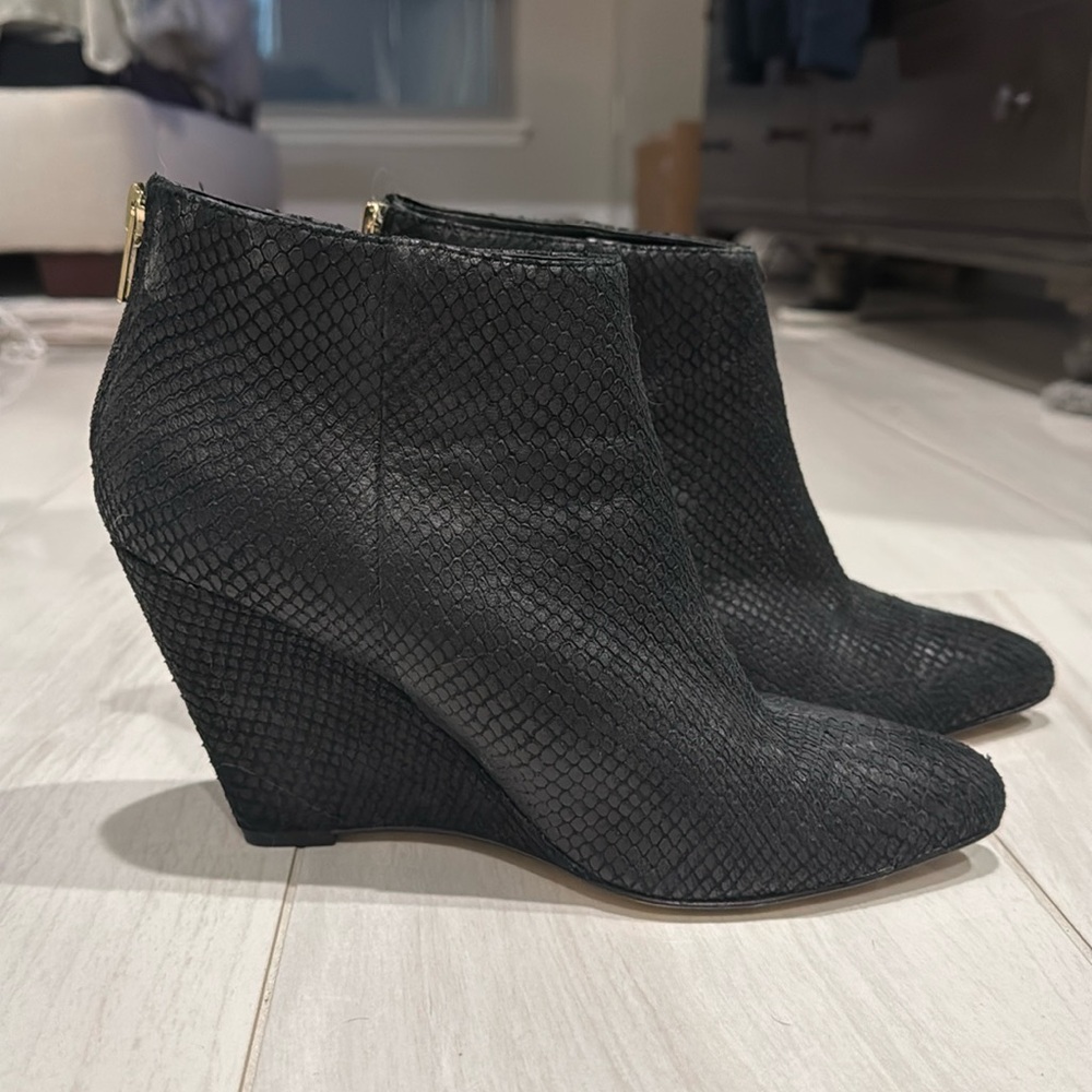 Black snake skin wedge booties